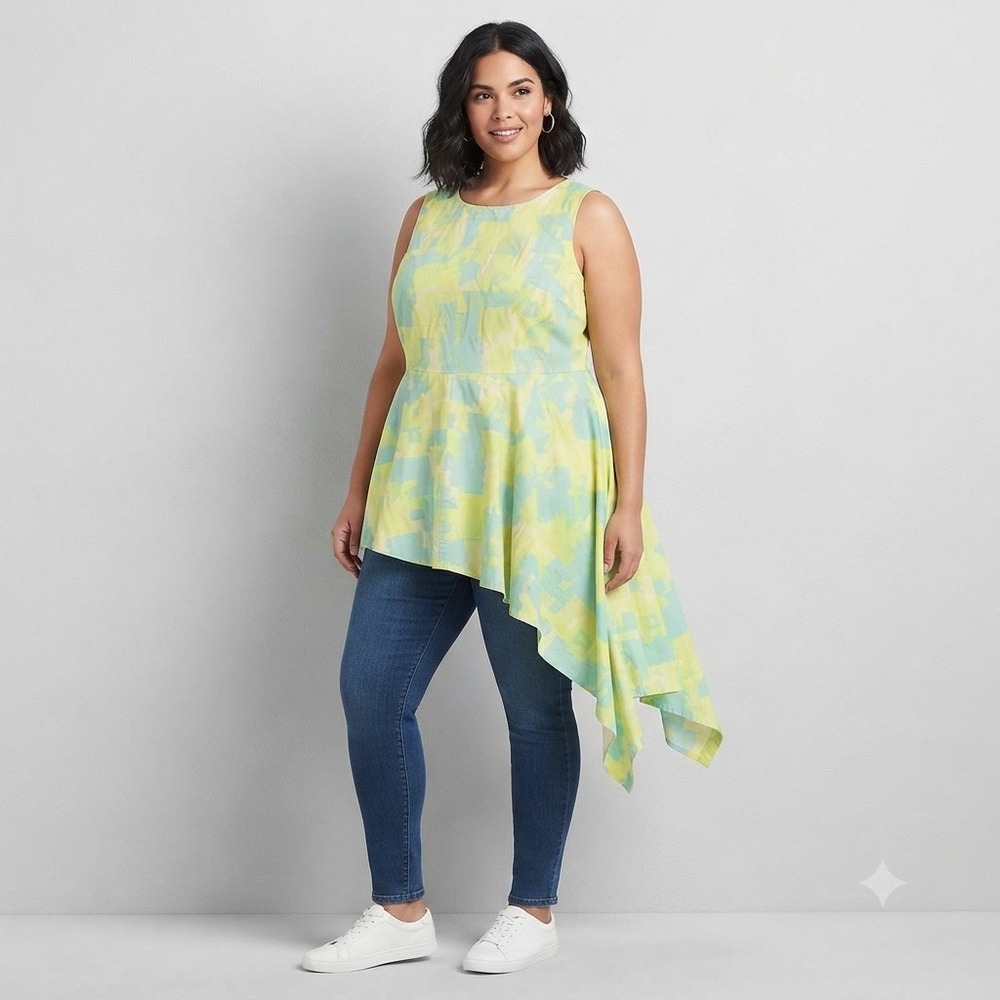 Lane Bryant Top Womens 18 Green Blue Asymmetrical Geometric Peplum Art Modern